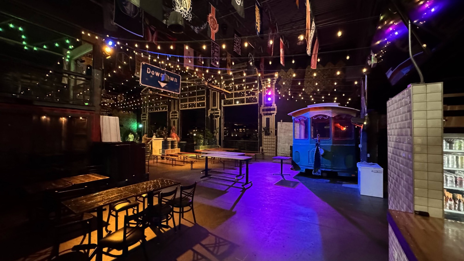 String-lit rooftop lounge area at the Bierstadt Lagerhaus venue in the evening